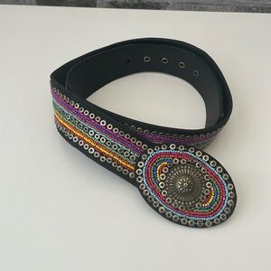 Chico’s Black Leather Belt Beads Sequins size Medium